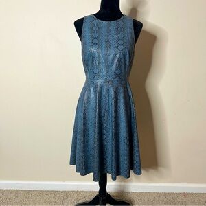 Women’s Rebecca Taylor Blue Snake Print Vegan Leather Fit & Flare A~Line Dress 6